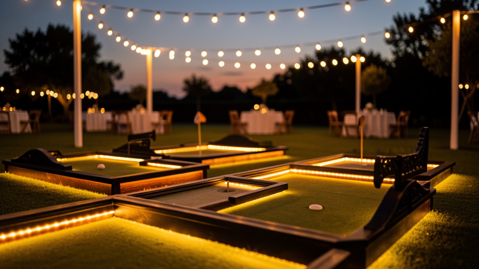 A hand-built LED-lit portable mini golf course glowing at dusk